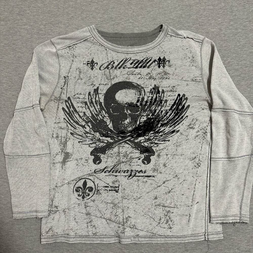 Black Market Mens Large Schwarzes Skull Wings Thermal Long Sleeve Tee Y2K Biker